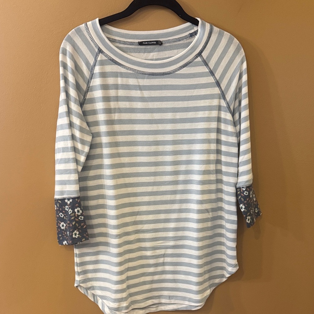 Pink Clover Blue and White Striped Long Sleeve Top